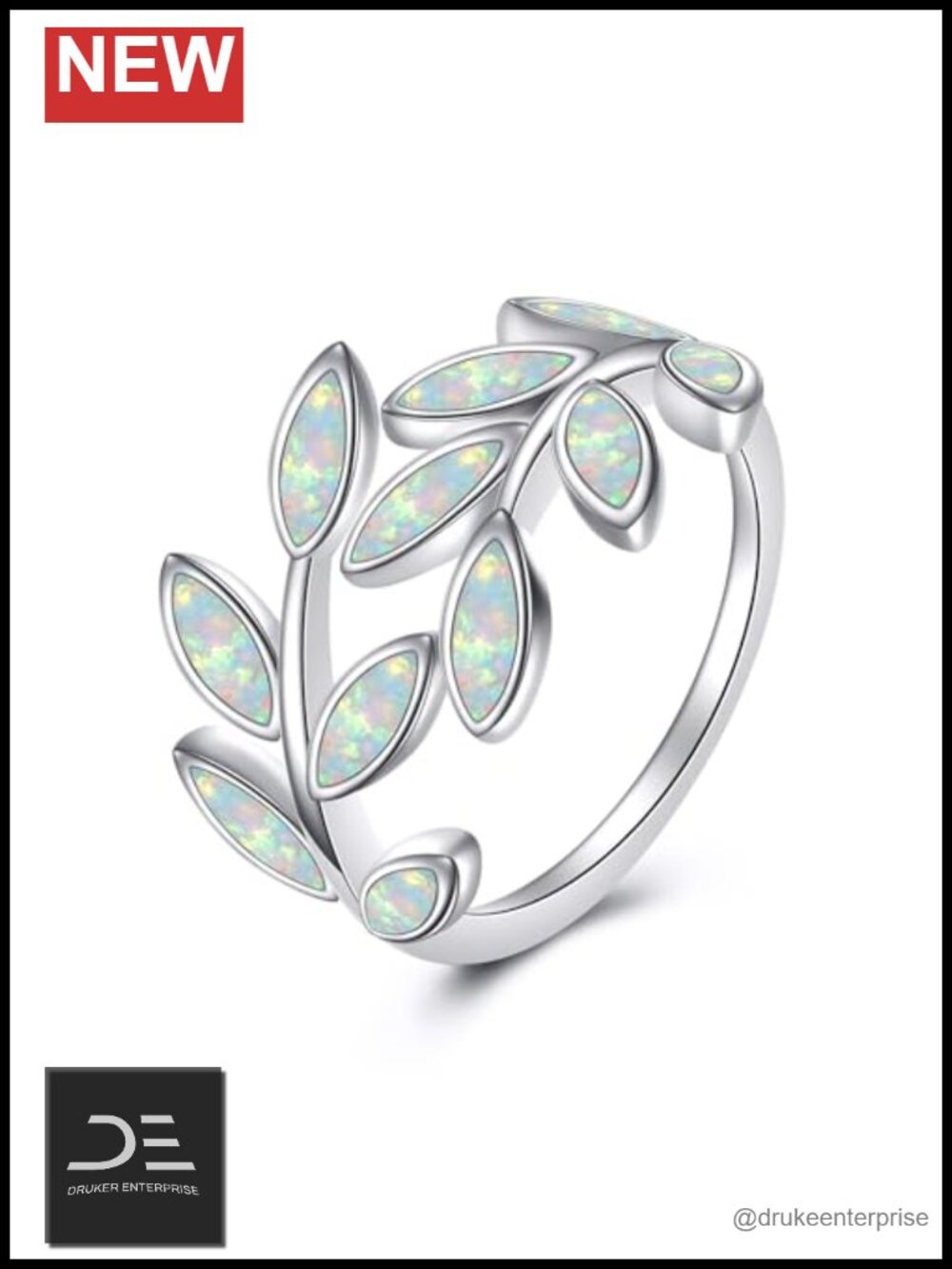 925 Sterling Silver Statement Opal Leaf Ring Adjustable Open Ring Jewelry Gift